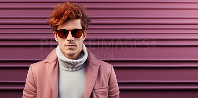 Mockup, portrait and glasses with suit, serious and looking on a pink background space. Face, person and model with expression, clear backdrop and colour with style, posing and fashion clothes