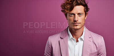 Mockup, portrait and bearded man with suit, serious and looking on a pink studio background. Face, person and model with expression, clear backdrop and colour with style, posing and attitude