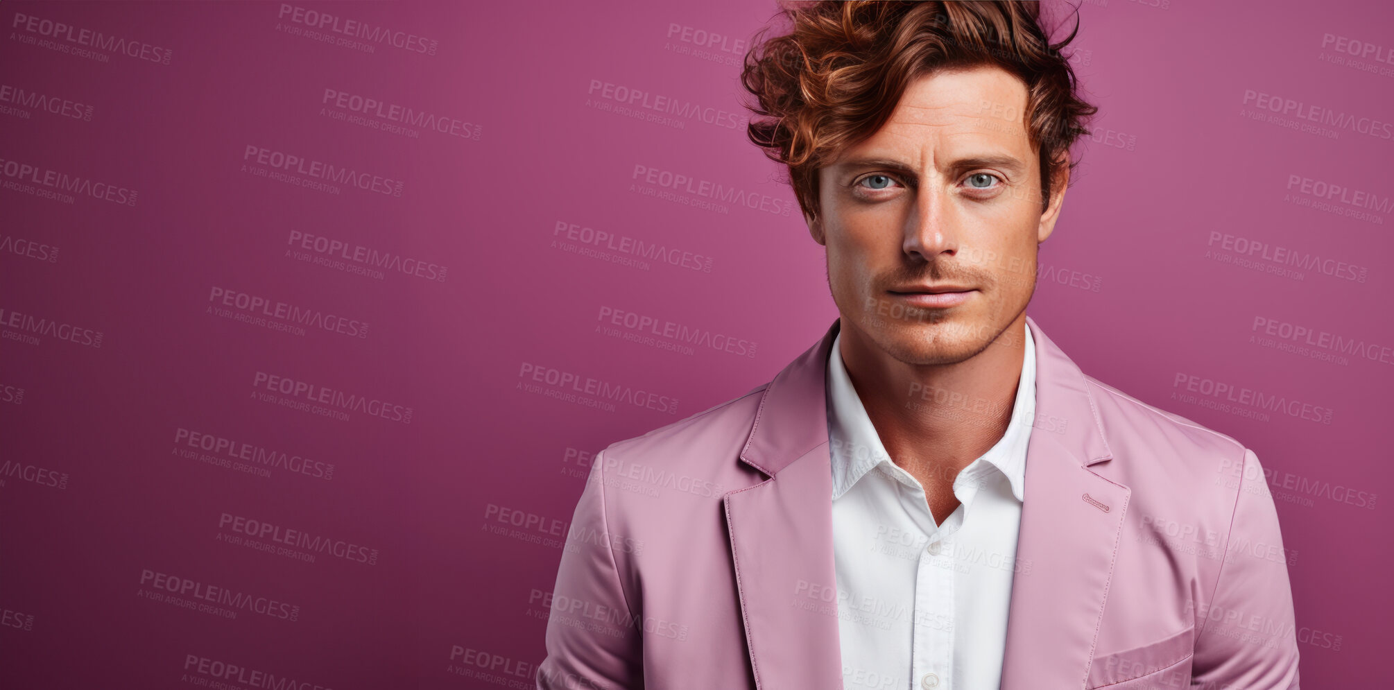 Buy stock photo Mockup, portrait and bearded man with suit, serious and looking on a pink studio background. Face, person and model with expression, clear backdrop and colour with style, posing and attitude