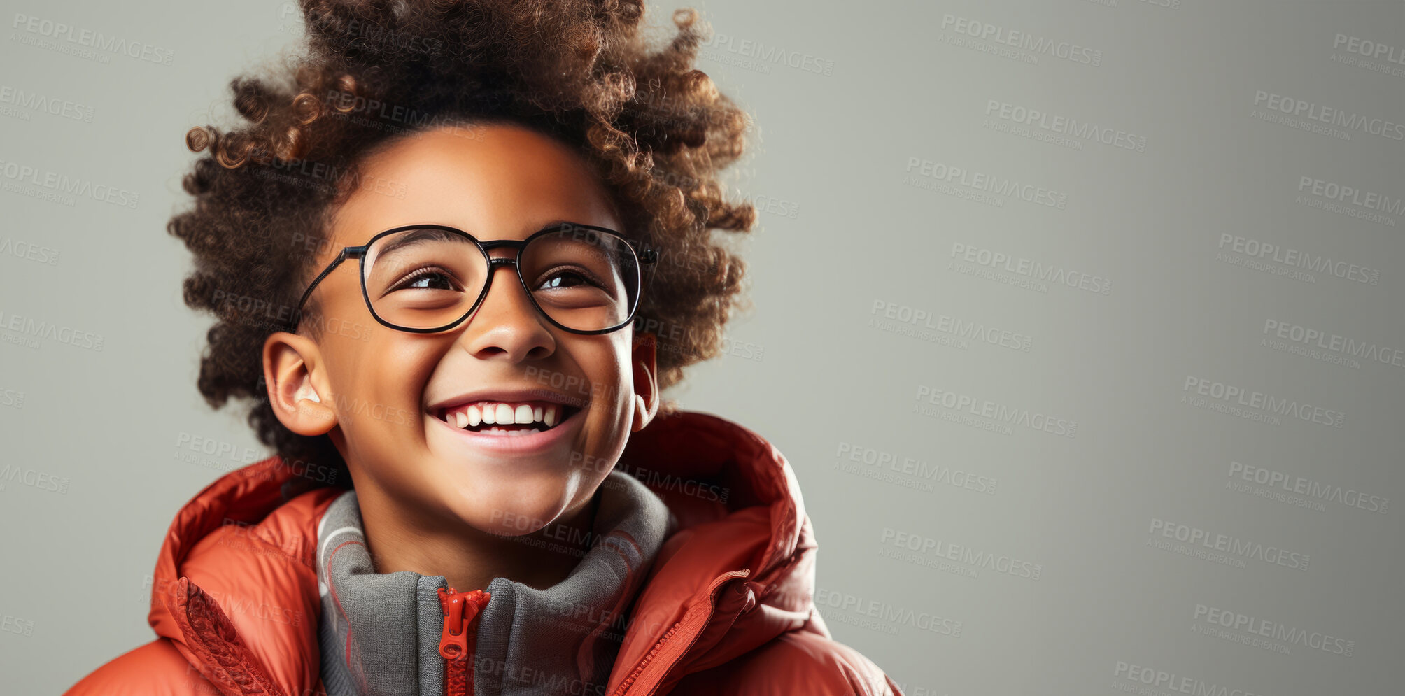 Buy stock photo Happy, child and fashion with afro, glasses and confident smile on mockup banner background. Face, kid and male youth with cool, trendy and confident clothes style on studio space