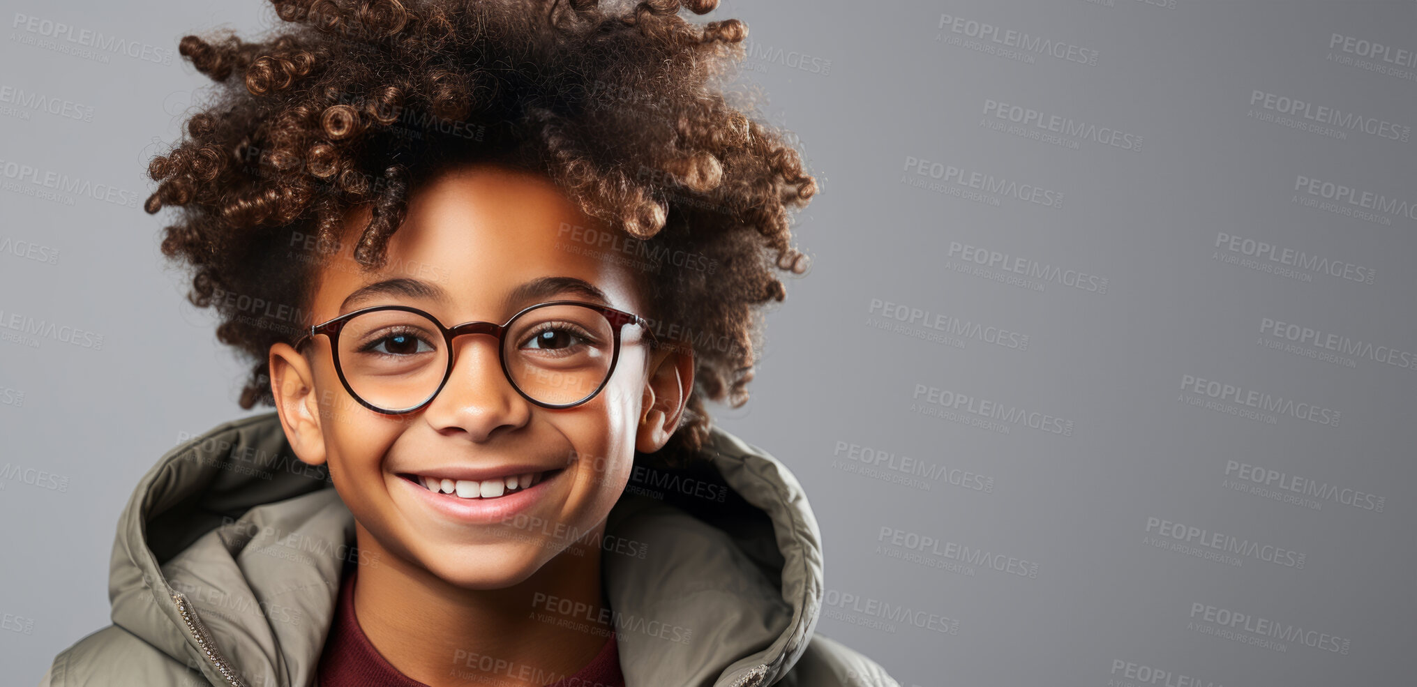 Buy stock photo African-american child, portrait and fashion with afro, glasses and smile on mockup banner background. Face, kid and male youth with cool, trendy and confident clothes style on grey studio space