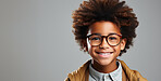 African-american child, portrait and fashion with afro, glasses and smile on mockup banner background. Face, kid and male youth with cool, trendy and confident clothes style on grey studio space