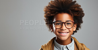 African-american child, portrait and fashion with afro, glasses and smile on mockup banner background. Face, kid and male youth with cool, trendy and confident clothes style on grey studio space