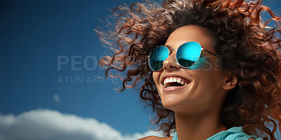 African american woman, glasses and afro with funky colour, studio background, excitement and smile. Mockup space, face or elegant and confident, female posing in fashionable or stylish clothes