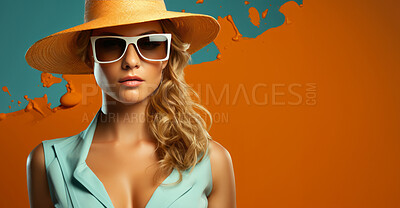 Woman, portrait and glasses with hat, fashion and trendy clothes in elegant style on banner background. Mockup space, face and confident female model with luxury sunglasses on studio color backdrop