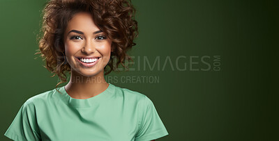 Buy stock photo Portrait, mockup and mixed race woman with smile, nurse and medical helper against a green studio background. Female person, doctor or happy model with happiness, career and healthcare professional