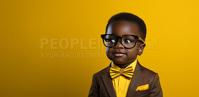 African-american, child and fashion with yellow bow tie, glasses and smile on mockup banner background. Face, kid and male youth with cool, trendy and confident clothes style on studio space