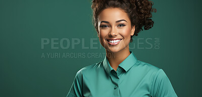 Buy stock photo Portrait, mockup and mixed race woman with smile, business and entrepreneur against a green studio background. Female person, fashion designer or happy model with happiness, career and professional