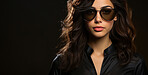 Fashion sunglasses, portrait or serious woman with banner, attitude or mysterious style isolated on black background. Mockup space, face or cool gen z girl model with edgy, trendy or low light studio"