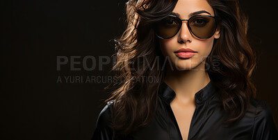 Fashion sunglasses, portrait or serious woman with banner, attitude or mysterious style isolated on black background. Mockup space, face or cool gen z girl model with edgy, trendy or low light studio\