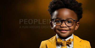 Child, portrait and fashion with yellow bow tie, glasses and smile on mockup banner background. Face, kid and male youth with cool, trendy and confident clothes style on studio space