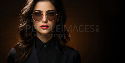 Fashion sunglasses, portrait or serious woman with banner, attitude or mysterious style isolated on black background. Mockup space, face or cool gen z girl model with edgy, trendy or low light studio