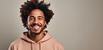 Mockup, portrait and laughing bearded man with smile, happy and fashion clothes on a purple studio background. Face, person and model with funny joke, comedy and humor expression on color backdrop