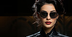 Fashion sunglasses, portrait or serious woman with banner, attitude or mysterious style isolated on black background. Mockup space, face or cool gen z girl model with edgy, trendy or low light studio"