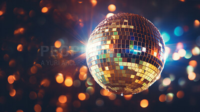 Disco ball, lights and clubbing background for 70's theme new year party, birthday or celebration. Night, bokeh and decor with glitter at nightclub or nightlife for jazz, pop or retro music festival