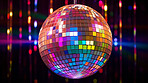 Disco ball, lights and clubbing background for 70's theme new year party, birthday or celebration. Night, bokeh and decor with glitter at nightclub or nightlife for jazz, pop or retro music festival