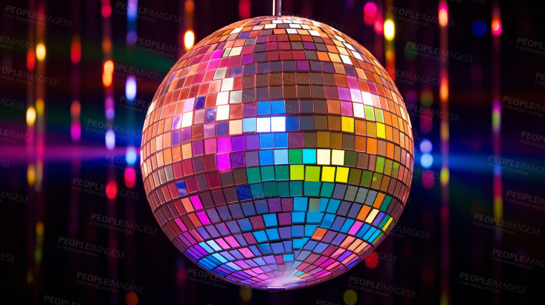 Buy stock photo Disco ball, lights and clubbing background for 70's theme new year party, birthday or celebration. Night, bokeh and decor with glitter at nightclub or nightlife for jazz, pop or retro music festival