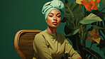 Woman, musician and portrait of a jazz or soul music artist in a photography studio. Ethnic, African American or confident female sitting wearing a green head-wrap for beauty or reggae style fashion