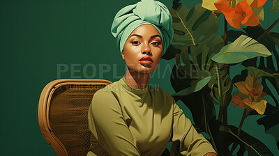 Woman, musician and portrait of a jazz or soul music artist in a photography studio. Ethnic, African American or confident female sitting wearing a green head-wrap for beauty or reggae style fashion