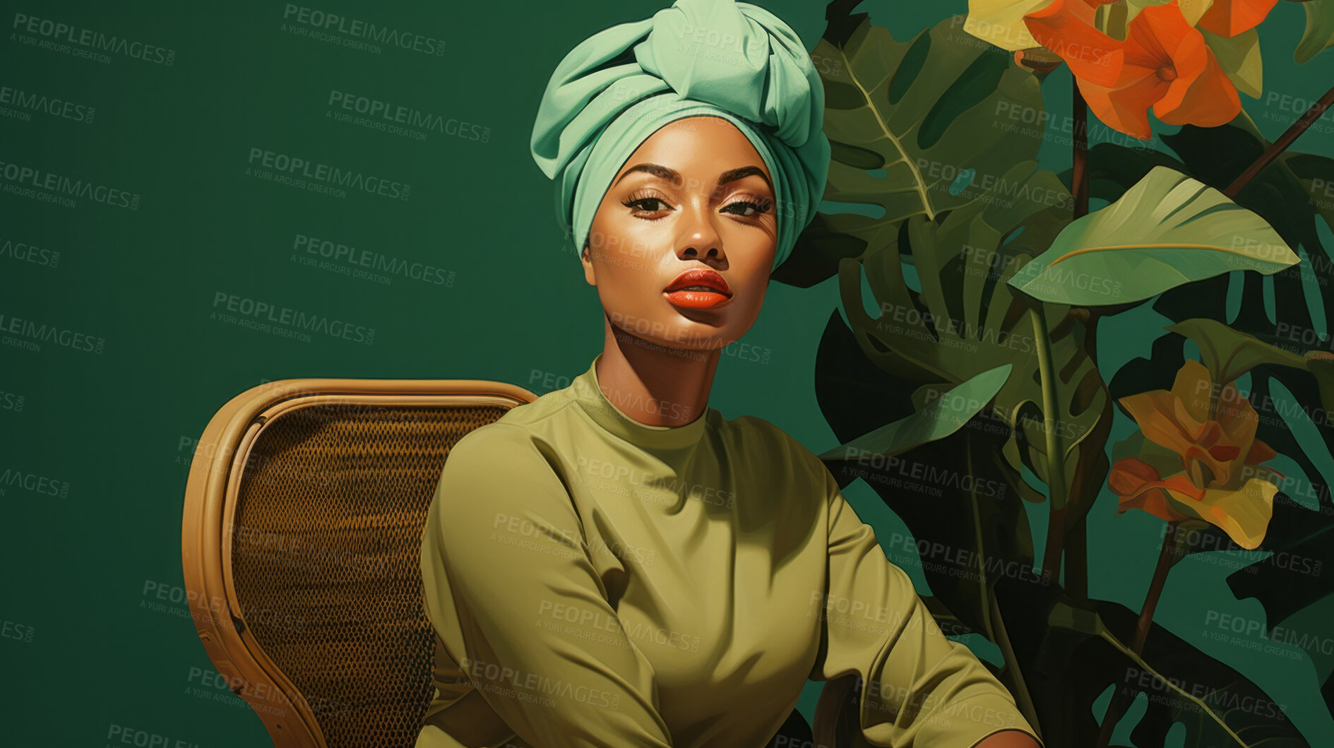 Buy stock photo Woman, musician and portrait of a jazz or soul music artist in a photography studio. Ethnic, African American or confident female sitting wearing a green head-wrap for beauty or reggae style fashion