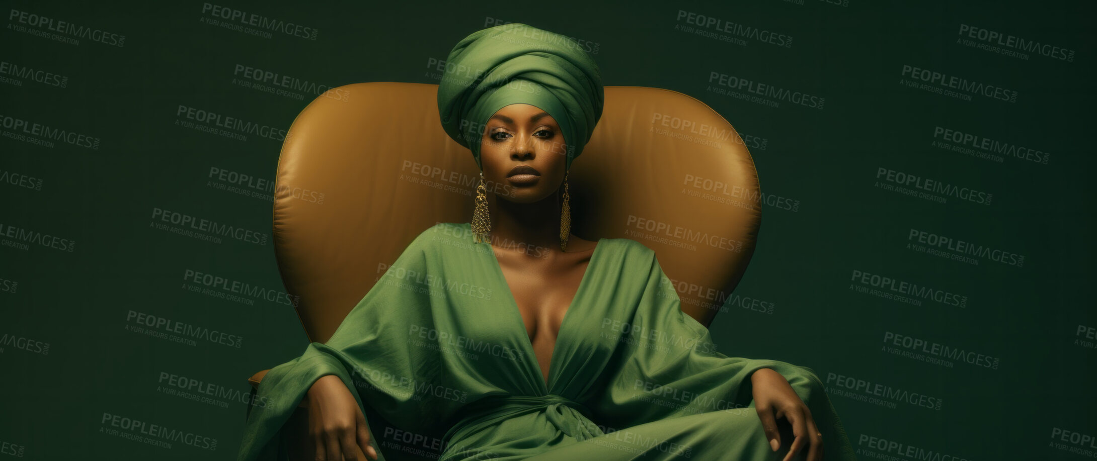 Buy stock photo Woman, musician and portrait of a jazz or soul music artist in a photography studio. Ethnic, African American or confident female sitting wearing a green head-wrap for beauty or reggae style fashion