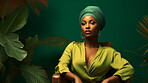 Woman, musician and portrait of a jazz or soul music artist in a photography studio. Ethnic, African American or confident female sitting wearing a green head-wrap for beauty or reggae style fashion