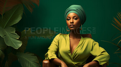 Woman, musician and portrait of a jazz or soul music artist in a photography studio. Ethnic, African American or confident female sitting wearing a green head-wrap for beauty or reggae style fashion