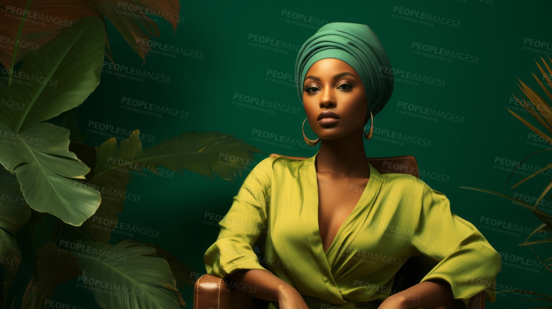 Buy stock photo Woman, musician and portrait of a jazz or soul music artist in a photography studio. Ethnic, African American or confident female sitting wearing a green head-wrap for beauty or reggae style fashion