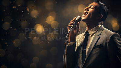 Man, musician and singing of a jazz, blues or soul music artist singer on a stage at night. Handsome, African American or confident male wearing a suit for an event or concert against dark background