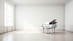 Grand piano, antique and empty room for classical music, entertainment and song writing with grunge background. Ebony, instrument and school space with mock up for wallpaper and poster design