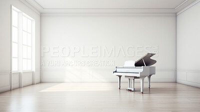 Grand piano, antique and empty room for classical music, entertainment and song writing with grunge background. Ebony, instrument and school space with mock up for wallpaper and poster design