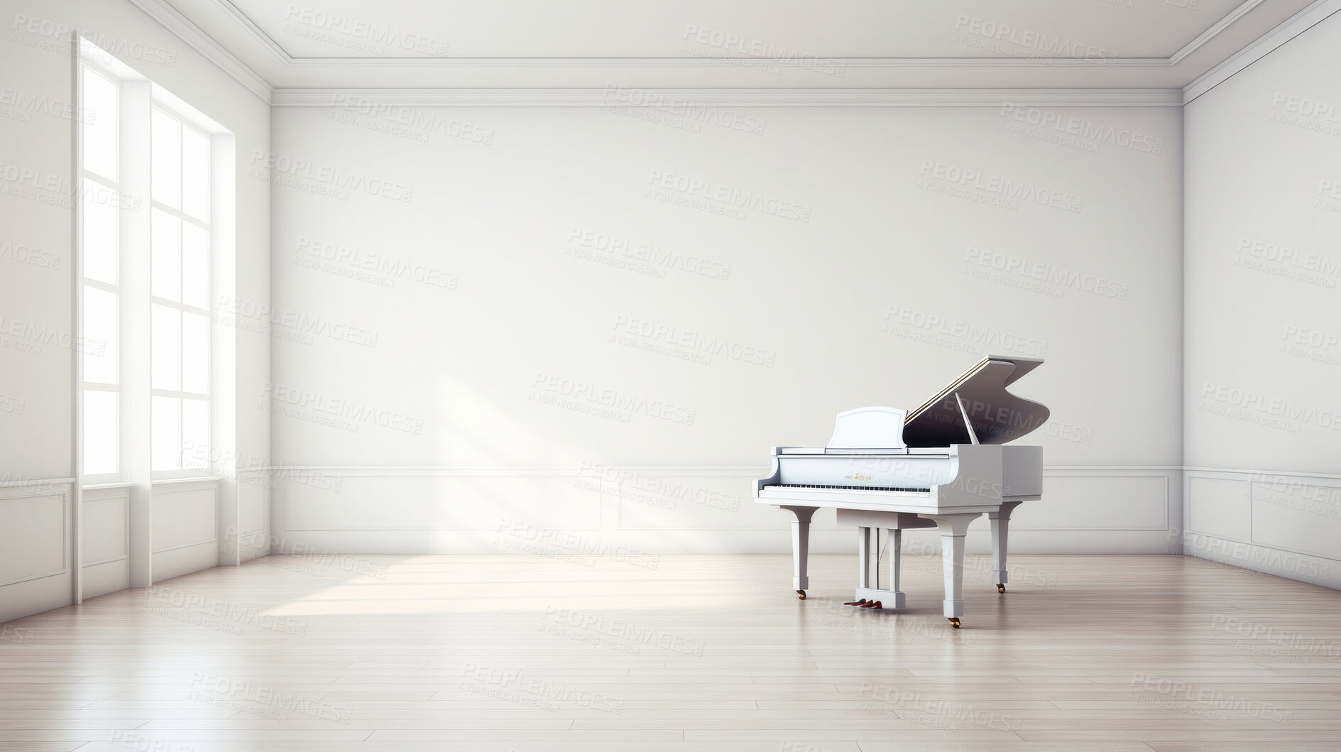 Buy stock photo Grand piano, antique and empty room for classical music, entertainment and song writing with grunge background. Ebony, instrument and school space with mock up for wallpaper and poster design