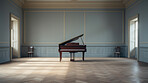 Grand piano, antique and empty room for classical music, entertainment and song writing with grunge background. Ebony, instrument and school space with mock up for wallpaper and poster design