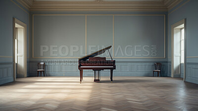 Grand piano, antique and empty room for classical music, entertainment and song writing with grunge background. Ebony, instrument and school space with mock up for wallpaper and poster design