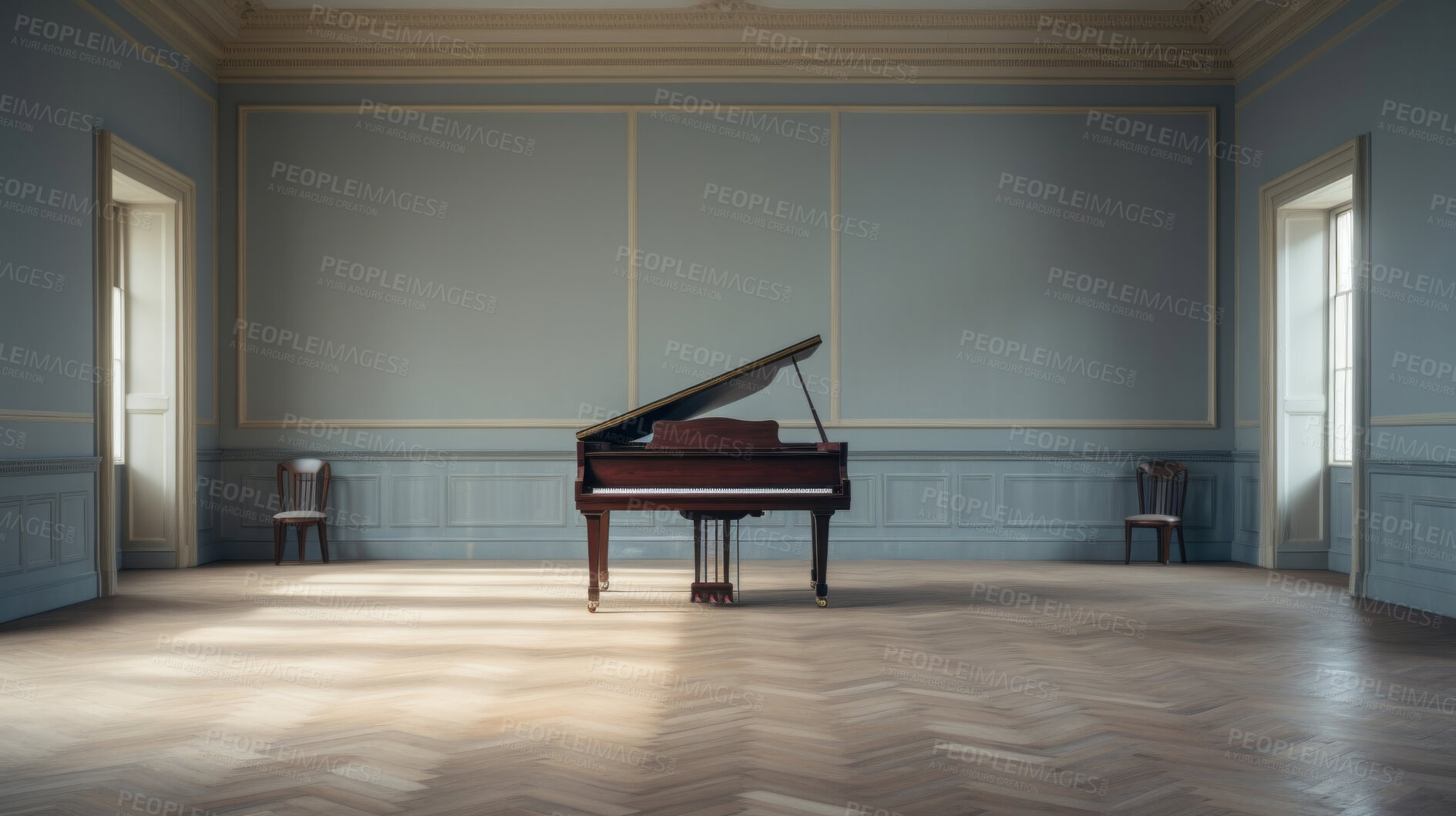 Buy stock photo Grand piano, antique and empty room for classical music, entertainment and song writing with grunge background. Ebony, instrument and school space with mock up for wallpaper and poster design