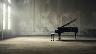 Grand piano, antique and empty room for classical music, entertainment and song writing with grunge background. Ebony, instrument and old apartment space with mock up for wallpaper and poster design