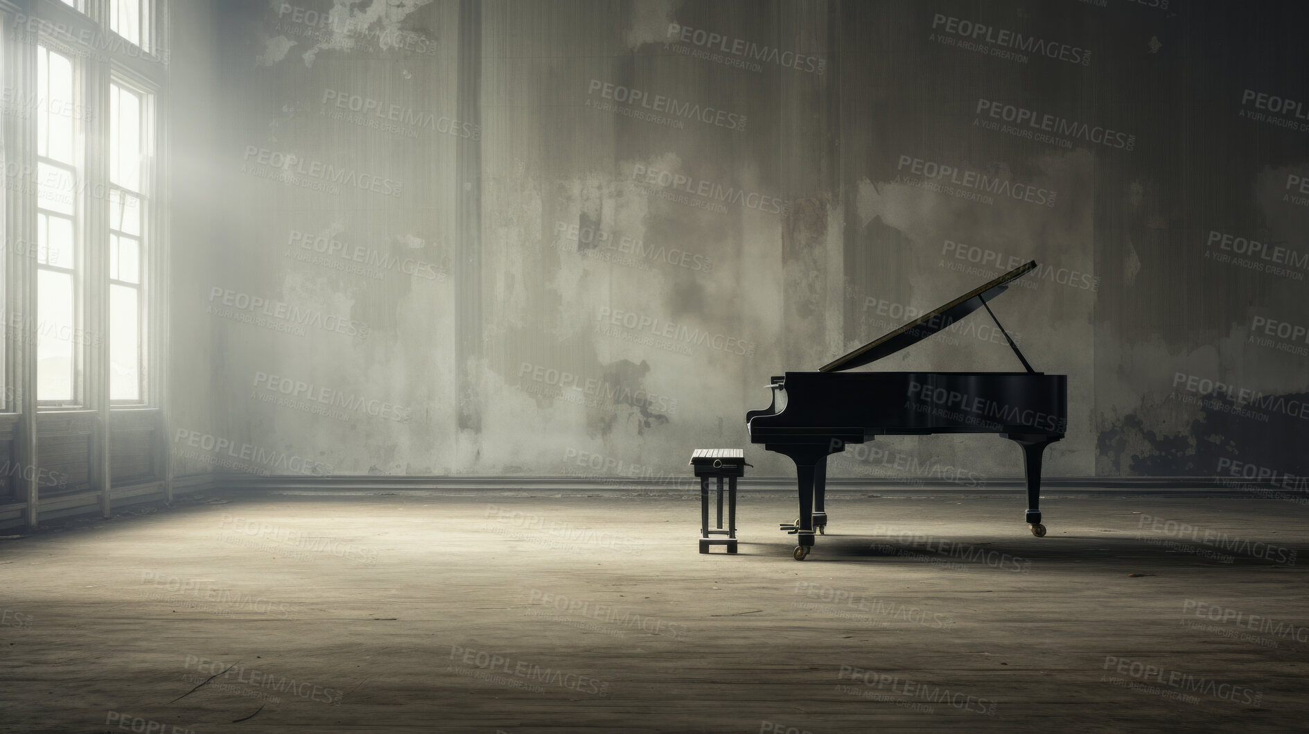 Buy stock photo Grand piano, antique and empty room for classical music, entertainment and song writing with grunge background. Ebony, instrument and old apartment space with mock up for wallpaper and poster design