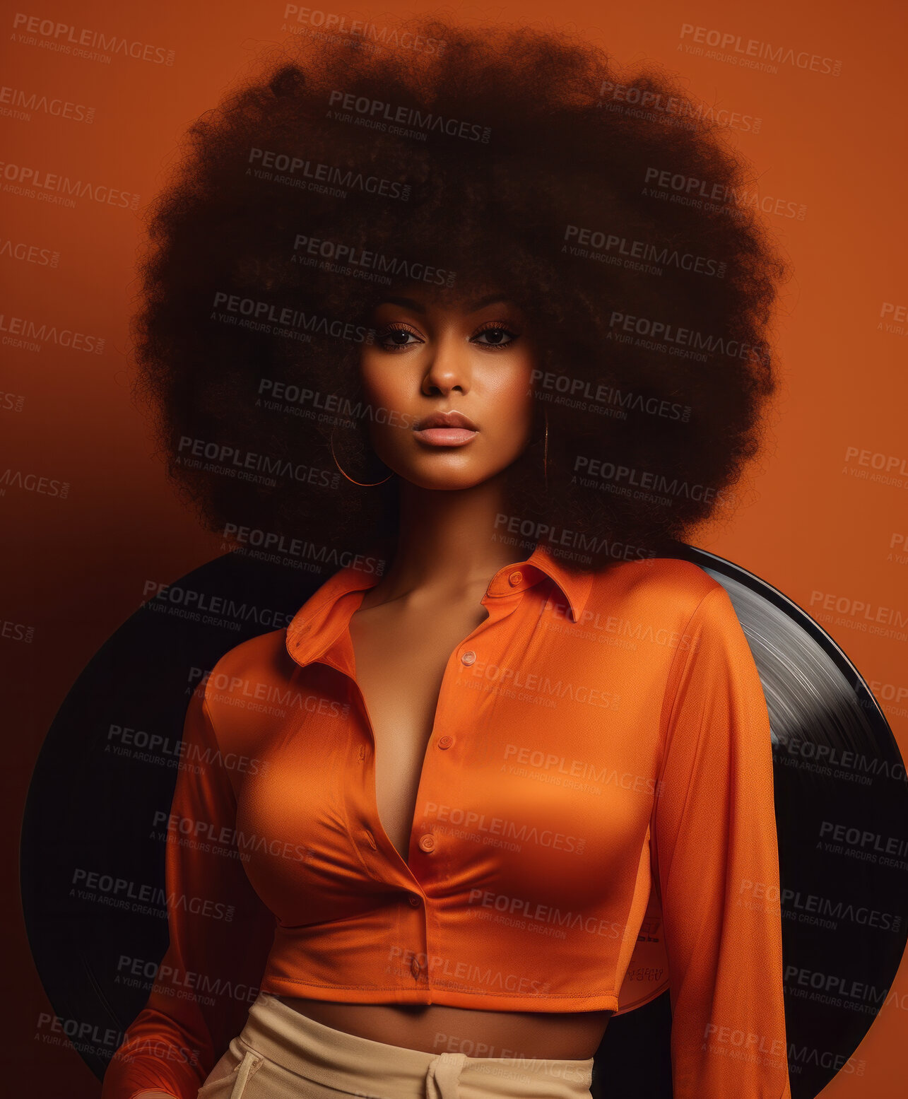 Buy stock photo Black woman, musician and portrait of a jazz or soul music singer in a photography studio. Afro, African or confident female with curly hair for beauty, disco or 70's style fashion for background