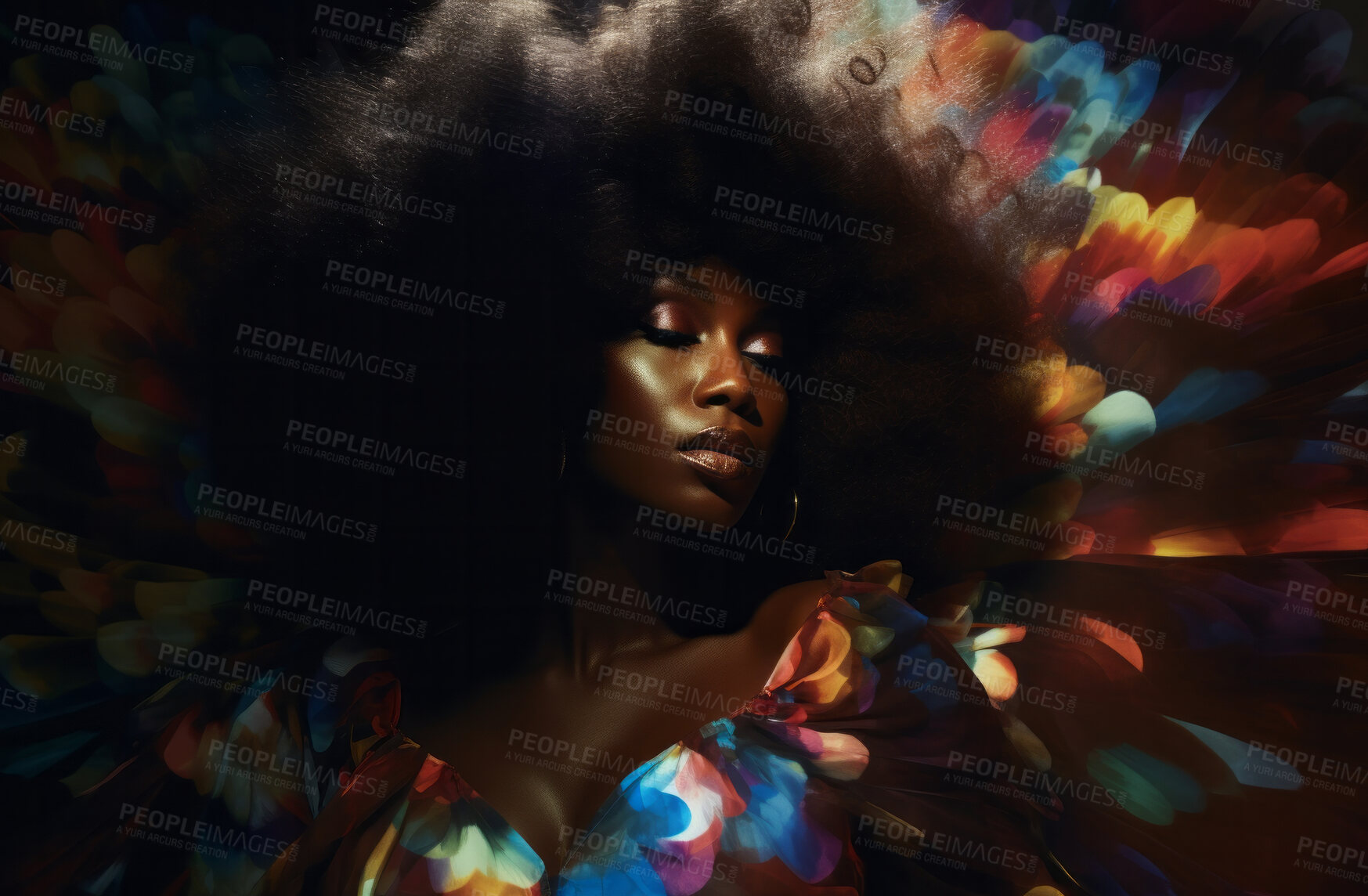 Buy stock photo Woman, musician or portrait of jazz or soul music singer in photography studio. Afro, African American or confident female with curly hair in beauty, disco or 70's style fashion for poster background