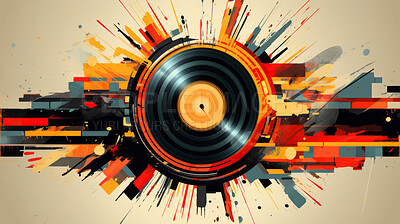 Vintage, abstract and vinyl record creative illustration for design, wallpaper and background. Retro, colourful and 70s paint style with artistic music theme for jazz band, blues and hip hop