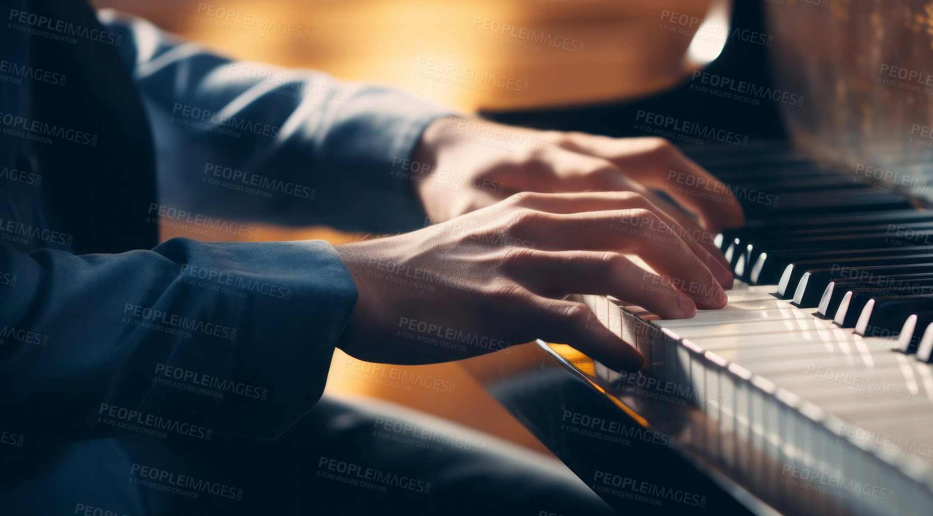 Buy stock photo Grand piano, keys and hands playing instrument for classical music, entertainment or lessons. Closeup, instrument or professional pianist practicing his skill or talent at home or at a concert