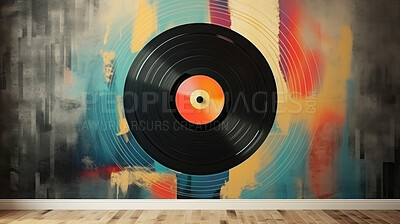 Vintage, abstract and vinyl record creative illustration for design, wallpaper and background. Retro, colourful and 70s paint style with artistic music theme for jazz band, blues and hip hop