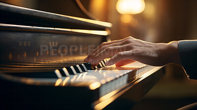 Grand piano, keys and hands playing instrument for classical music, entertainment or lessons. Closeup, instrument or professional pianist practicing his skill or talent at home or at a concert