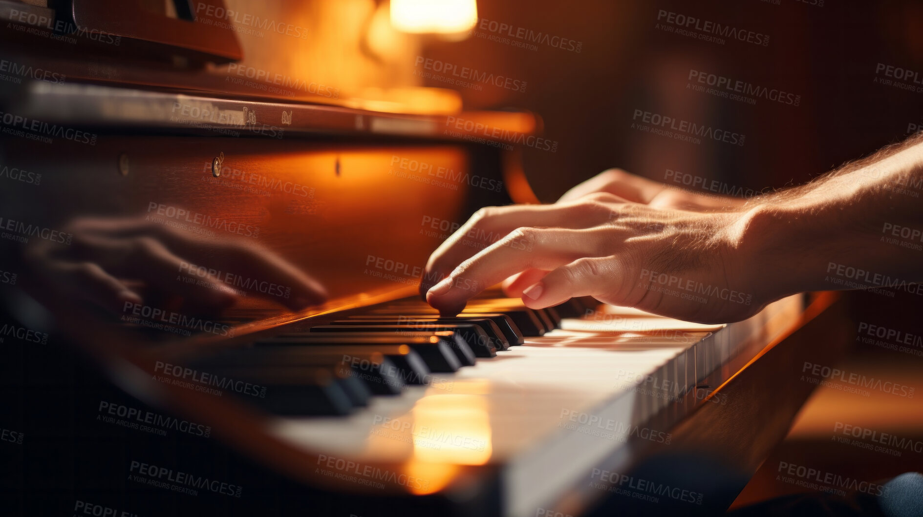 Buy stock photo Grand piano, keys and hands playing instrument for classical music, entertainment or lessons. Closeup, instrument or professional pianist practicing his skill or talent at home or at a concert