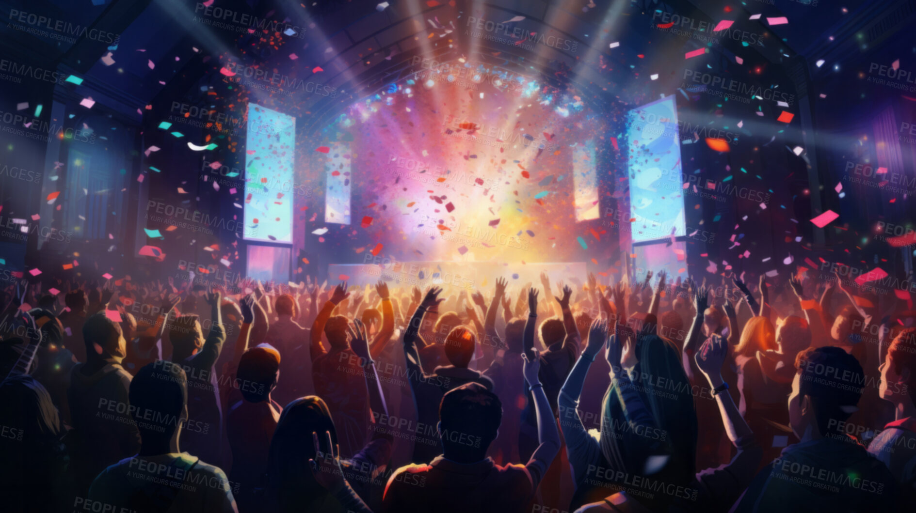 Buy stock photo Cheering, crowd or group of people dancing with their hand raised at trance, edm or house concert. Colourful, vibrant and live new years festival for clubbing, partying with bright stage lights