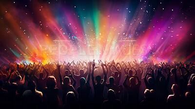Cheering, crowd or group of people dancing with their hand raised at trance, edm or house concert. Colourful, vibrant and live new years festival for clubbing, partying with bright stage lights