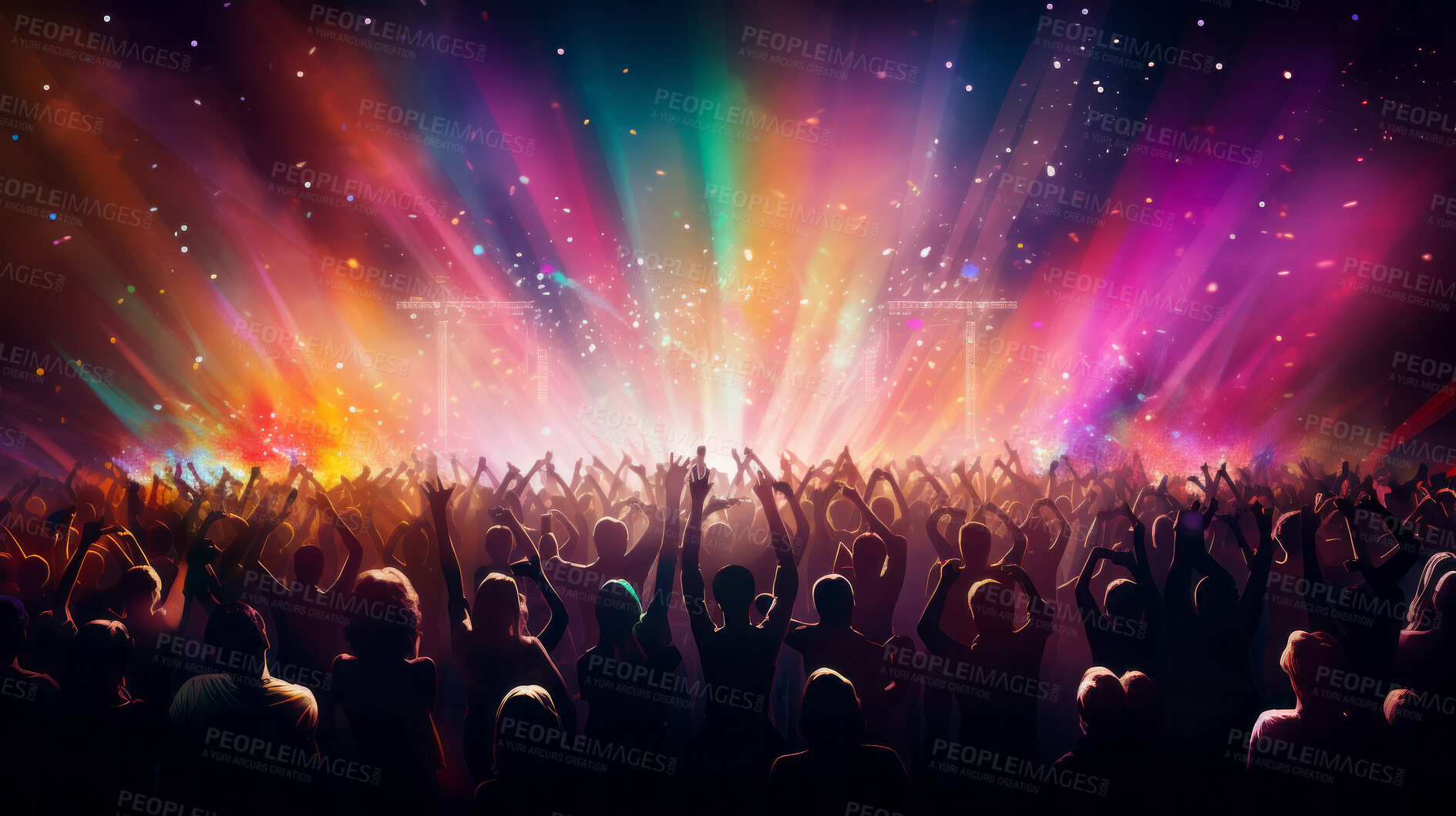 Buy stock photo Cheering, crowd or group of people dancing with their hand raised at trance, edm or house concert. Colourful, vibrant and live new years festival for clubbing, partying with bright stage lights