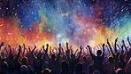 Cheering, crowd or group of people dancing with their hand raised at trance, edm or house concert. Colourful, vibrant and live new years festival for clubbing, partying with bright stage lights