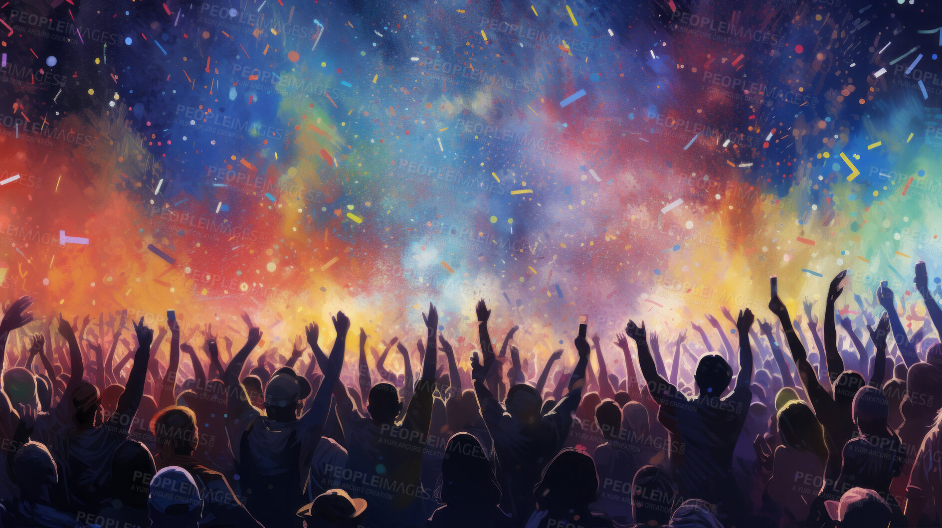 Buy stock photo Cheering, crowd or group of people dancing with their hand raised at trance, edm or house concert. Colourful, vibrant and live new years festival for clubbing, partying with bright stage lights