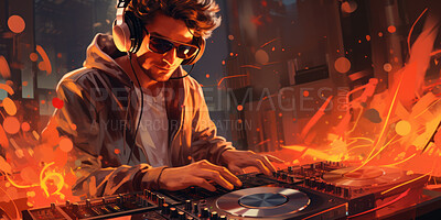 Illustration, music and dj working at a night event for celebration, new year party or summer festival season. Light rays, crowd and group of people dancing and listening to trance, edm or house song